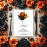 Elegant Orange och Svarta Bröllop Meny<br><div class="desc">Den här snyggt utarbetade menydesignen har en slående kombination av orange och svart, perfekt för ett gotiskt bröllop med en svag chic. Den ornitade detaljrikedomen och den djärva paletten färg anger tonen för ett mörkromantiskt och sofistikerat firande. Perfekt för par som vill skapa en oförglömlig matupplevelse som kompletterar deras unika...</div>