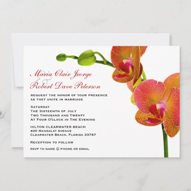Elegant Orange Orchids Tropical Beach Wedding Inbjudningar (Framsida)