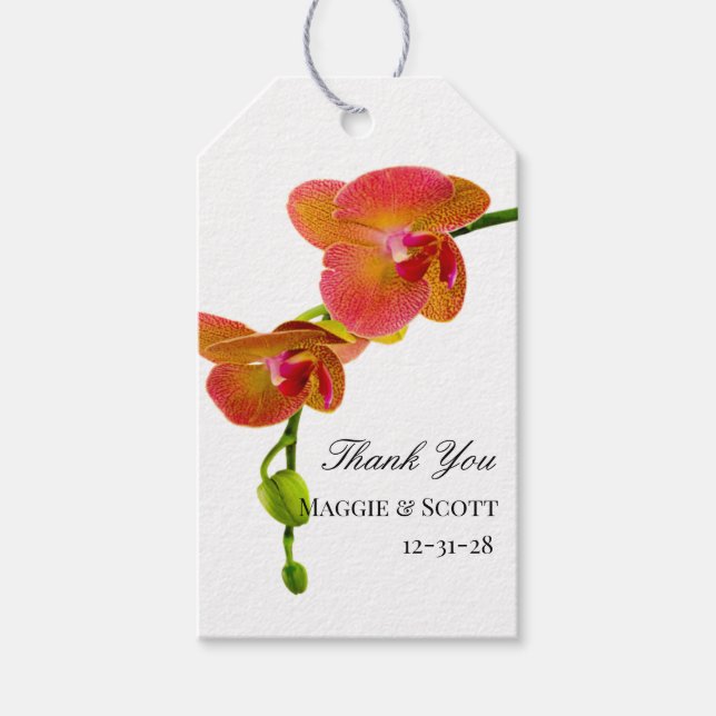 Elegant Orange Orchids Tropical Beach Wedding Presentetikett (Framsidan)