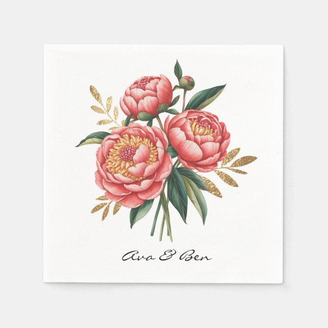 Elegant Orange Peony Bouquet Bröllop Pappersservett (Framsidan)