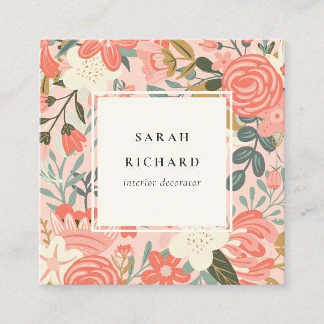 Elegant Orange  Rosa Grönt Ambrosia Blommigt Fyrkantigt Visitkort (Framsida)