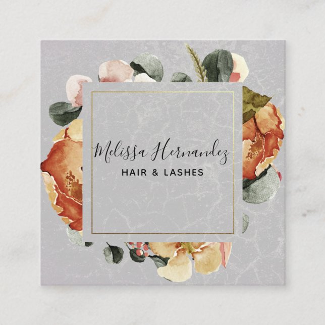 Elegant Orange Rust Blommigt på Grått Hair Stylist Fyrkantigt Visitkort (Framsida)