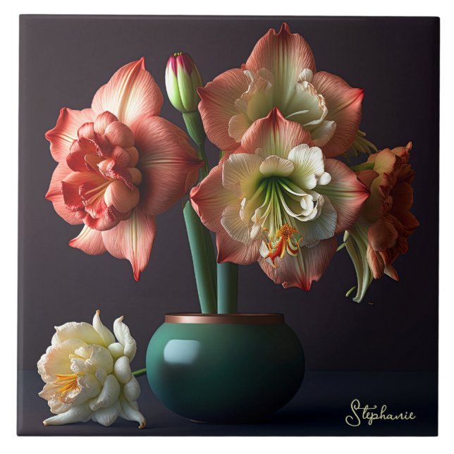 Elegant Orange Vit Amaryllis Flower Kakelplatta (Framsidan)