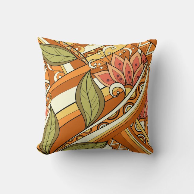 Elegant Orange Vita blommor och Swirl Kudde (Framsida)