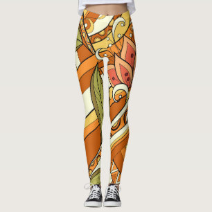 Elegant Orange Vita blommor och Swirl Leggings