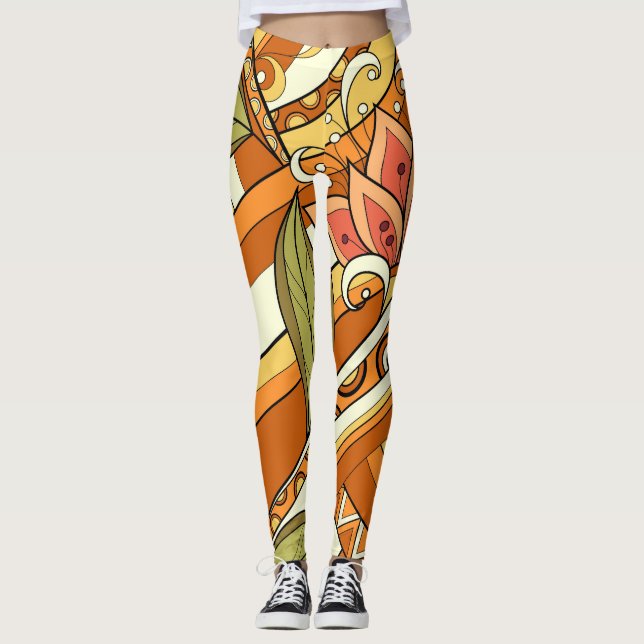 Elegant Orange Vita blommor och Swirl Leggings (Framsida)