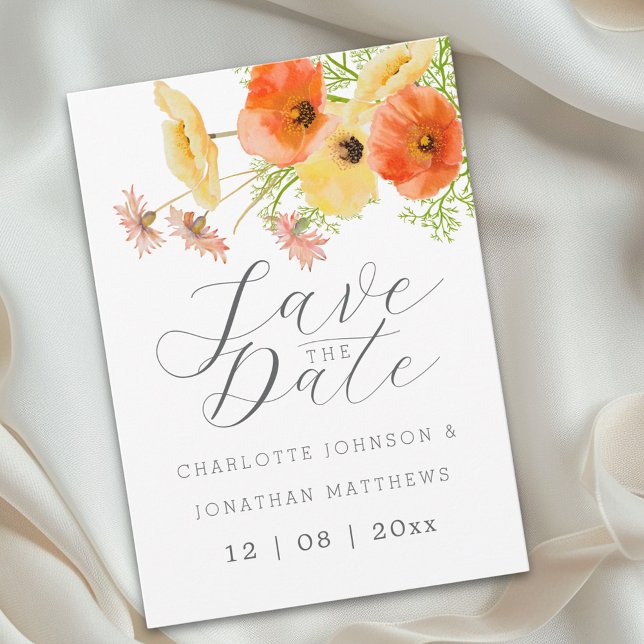 Elegant Orange & Yellow Wildflower Wedding Spara Datumet (Elegant script watercolor wildflower yellow & orange floral wedding save the date invitation)