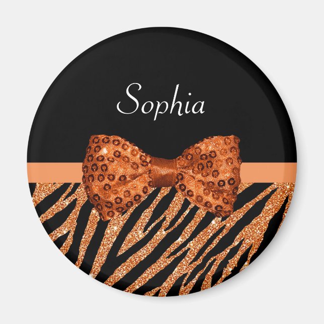 Elegant Orange Zebra tryck FAUX Glitz Bow och Namn Magnet (Framsidan)