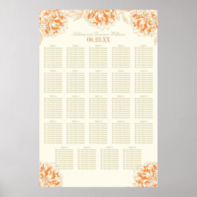 Elegant orangefärgad blomsterbröllops sittplatskar poster (Framsidan)