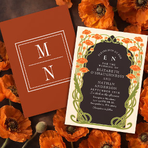 Elegant orangevallmo Art Nouveau blommande bröllop Inbjudningar