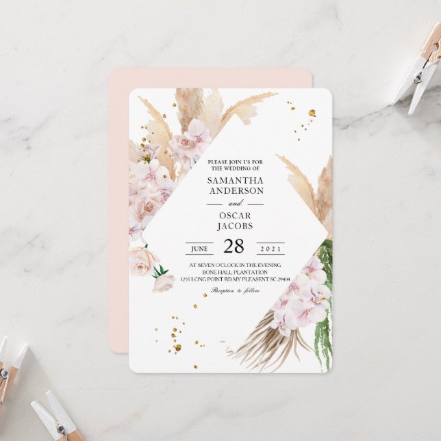 Elegant Orchids och Pampas Beauty Ram  Inbjudningar (Fram/Back In Situ)