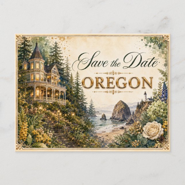 Elegant Oregon Spara Datum Bröllopsinbjudan Vykort (Framsida)