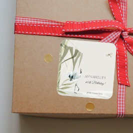Elegant Oriental Bamboo Crane Birthday Gift Fyrkantigt Klistermärke