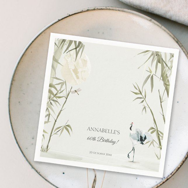 Elegant Oriental Bamboo Crane Födelsedagsfest Pappersservett (Elegant Oriental Bamboo Crane Birthday Party Napkins)