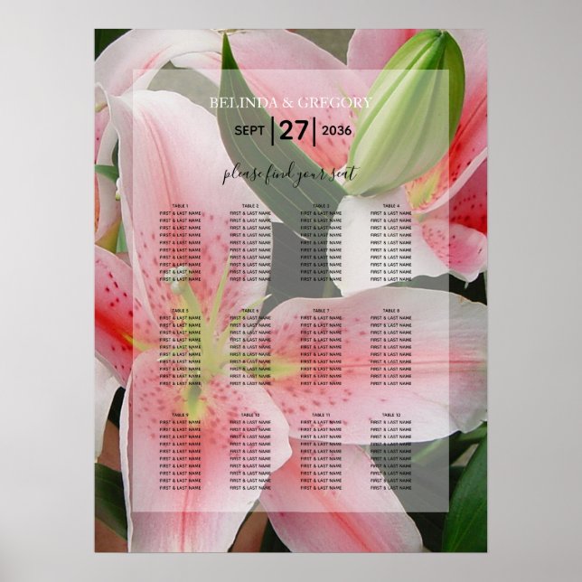Elegant Oriental Lilies Bröllop Sittdiagram Poster (Framsidan)