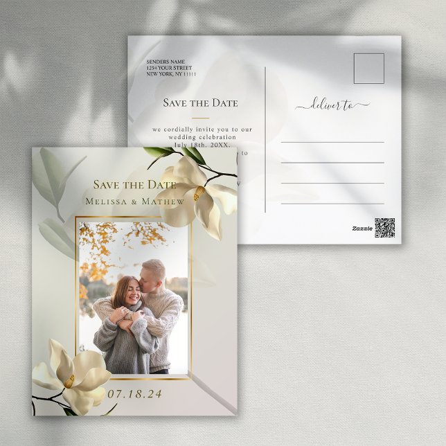 Elegant Oriental Magnolia Bröllop spara datum Vykort (Elegant Oriental Magnolia Wedding Save the Date Postcard)