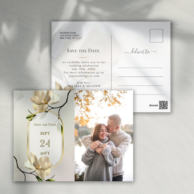 Elegant Oriental Magnolia Bröllop spara datum Vykort (Elegant Oriental Magnolia Wedding Save the Date Postcard)