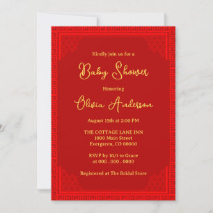 Elegant Oriental Red Ornament Baby Shower Inbjudningar