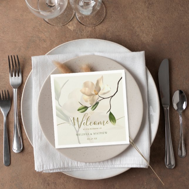 Elegant Oriental White Magnolia Bröllop Pappersservett (Elegant Oriental White Magnolia Wedding Napkins)