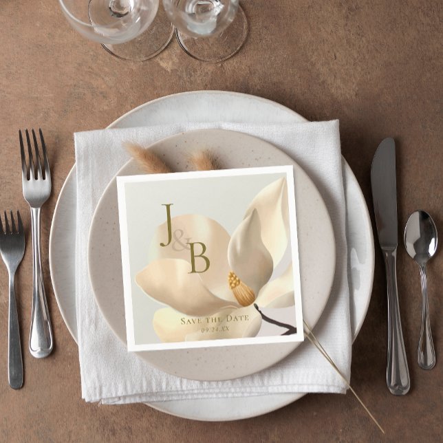 Elegant Oriental White Magnolia Spara datum Pappersservett (Elegant Oriental White Magnolia Save the Date Napkins)