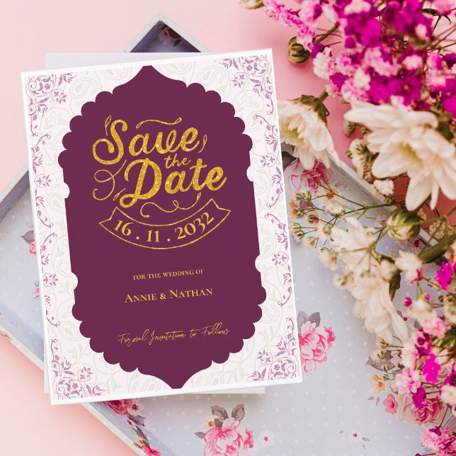 Elegant orientalisk motivmönster vinröd bröllop meddelande vykort (Elegant Oriental Motif Pattern Burgundy Wedding Announcement Postcard)
