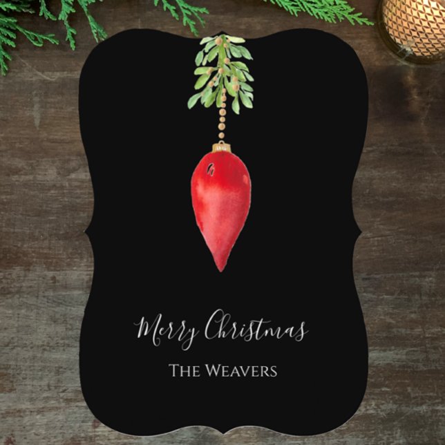 Elegant Original Watercolor Red Greenery jul Julkort (Personalize this unique Christmas card with hand painted watercolor red Christmas bauble.)