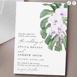 Elegant orkidé på tropisk blad manus bröllop inbjudningar