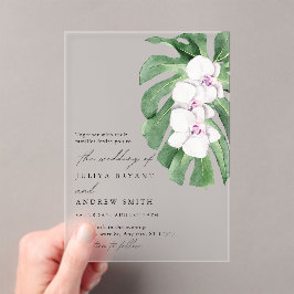 Elegant orkidé på tropisk blad script bröllop