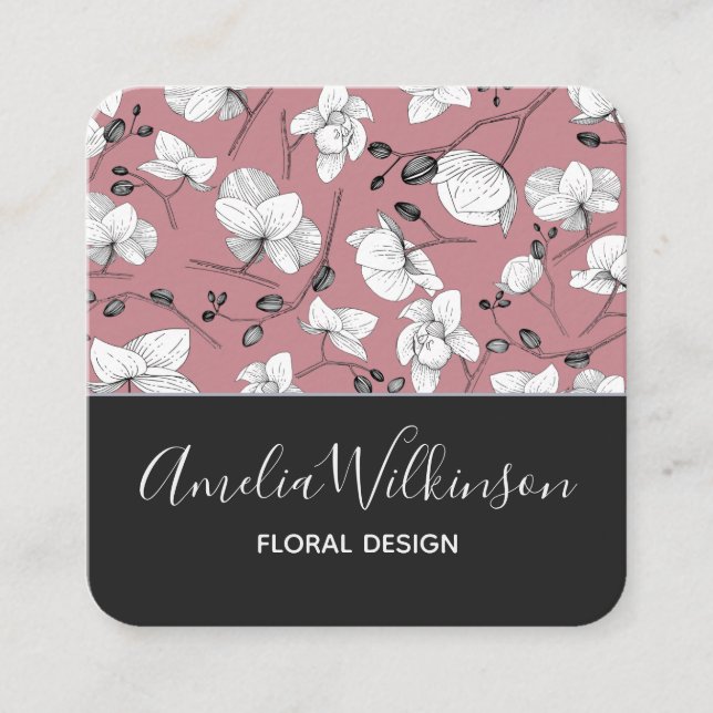 Elegant, orkidé, vit modern blommigt, gammal rosa fyrkantigt visitkort (Framsida)