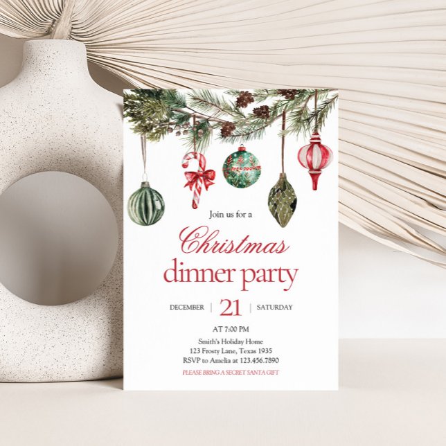 Elegant Ornament Torsdagen jul Party Inbjudningar (Elegant Red Green Ornaments Dinner Christmas Party Invitation )