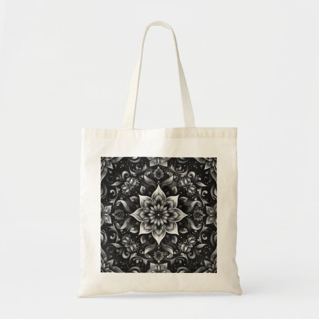 Elegant Ornate Black White Blommigt Tote Bag Tygkasse (Framsidan)