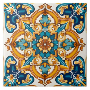 Elegant Ornate Blue Gult Patterned Kakelplatta
