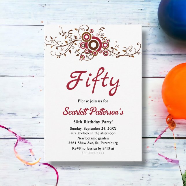 Elegant Ornate Burgundy Löv sjunker 50:e födelseda Inbjudningar (Skapare uppladdad)