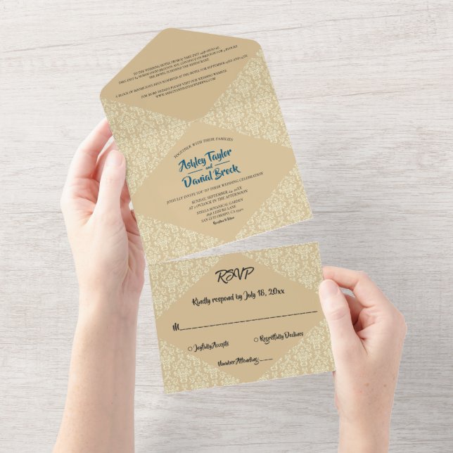 Elegant Ornate Damask Script Beige Classic Bröllop (Tearaway)