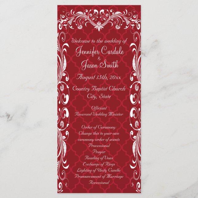 Elegant Ornate Flourish Red Bröllopsprograms Program (Framsida)