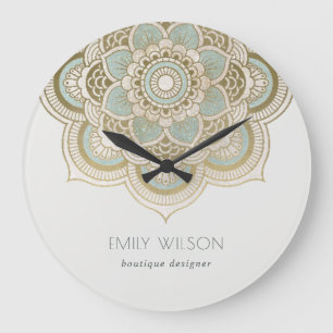 Elegant Ornate Gold Foil Teal Turcos Mandala Stor Klocka