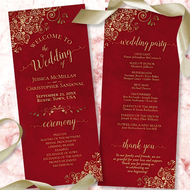 Elegant Ornate Gold Lace on Crimson Red Wedding Program (Skapare uppladdad)