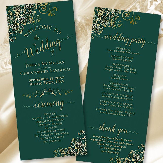 Elegant Ornate Gold Lace on Emerald Green Wedding Program (Front and Back)