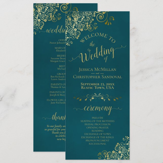 Elegant Ornate Golden Curls on Dark Teal Wedding Program (Fram/baksida)