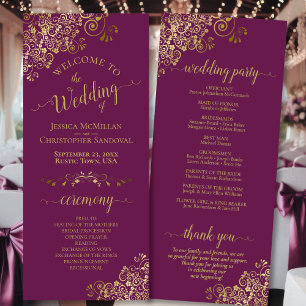 Elegant Ornate Guld Curls på Magenta Plum Bröllop Program