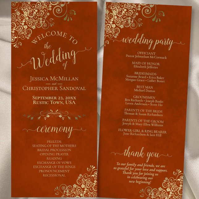 Elegant Ornate Guld Curses på Rust Orange Bröllop Program (Front/Back)
