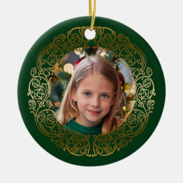 Elegant Ornate Guld Filigree Ram Photo Julgransprydnad Keramik (Framsidan)