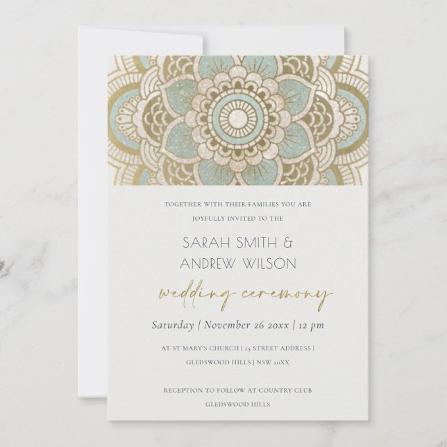 Elegant Ornate Guld Teal Mandala bröllopsinbjudan Tack Kort (Framsida)