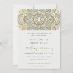 Elegant Ornate Guld Teal Mandala bröllopsinbjudan Tack Kort