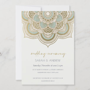 Elegant Ornate Guld Teal Mandala bröllopsinbjudan Tack Kort