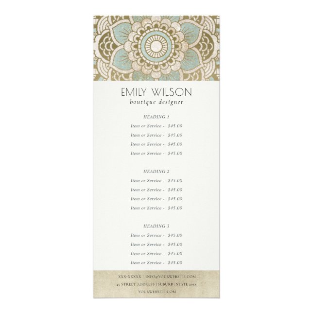 Elegant Ornate Guld Teal Mandala Service Pris Reklamkort (Framsidan)
