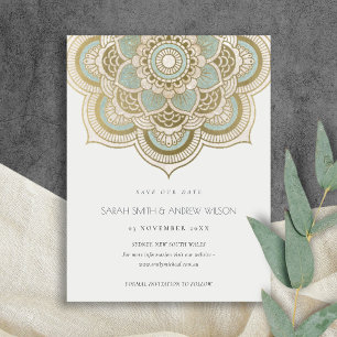 Elegant Ornate Guld Teal Mandala Spara datum Vykort