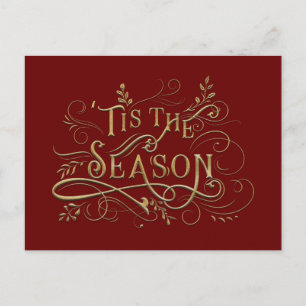 Elegant Ornate Guld "Tis the Season Typography Helg Vykort
