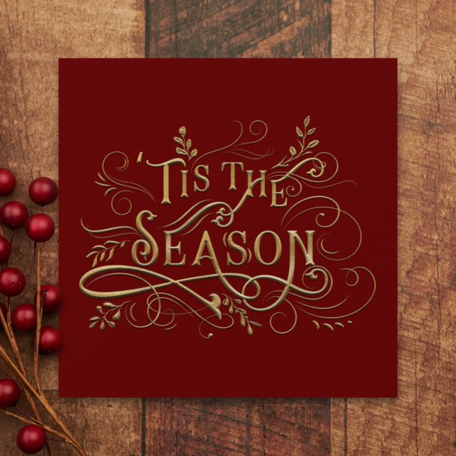 Elegant Ornate Guld "Tis the Season Typography Julkort (Skapare uppladdad)