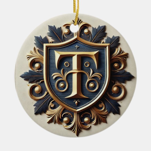 Elegant Ornate Heraldisk Sköld Julgransprydnad Keramik (Framsidan)